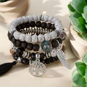 Black and Silver Beaded Bracelet Set